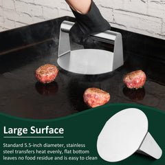 Leonyo burger press flat surface close-up for even searing and consistent patties benefit