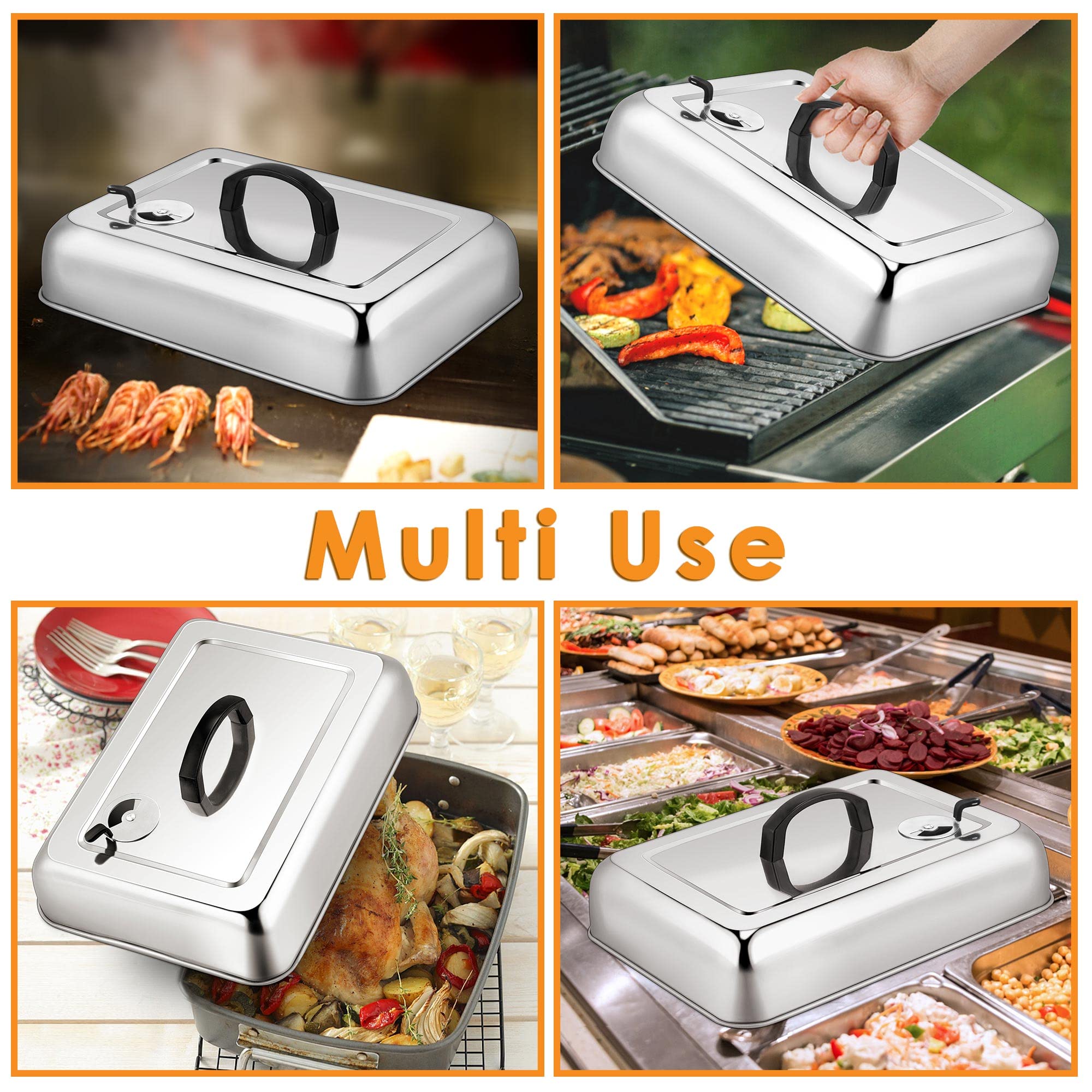 Leonyo dome beside spatula to show 13x9 size and multi-patty coverage