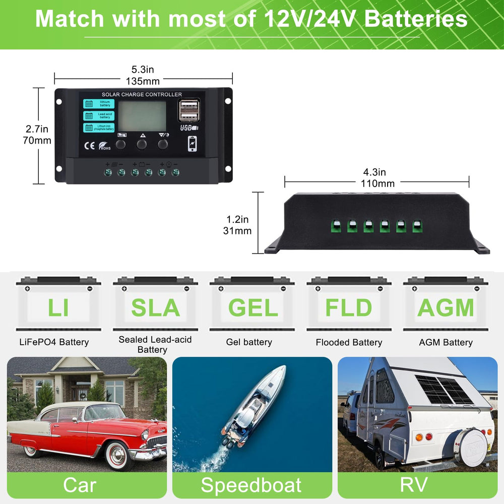LEPITERY solar panel installed on an RV roof in sunlight, keeps house battery maintained while traveling