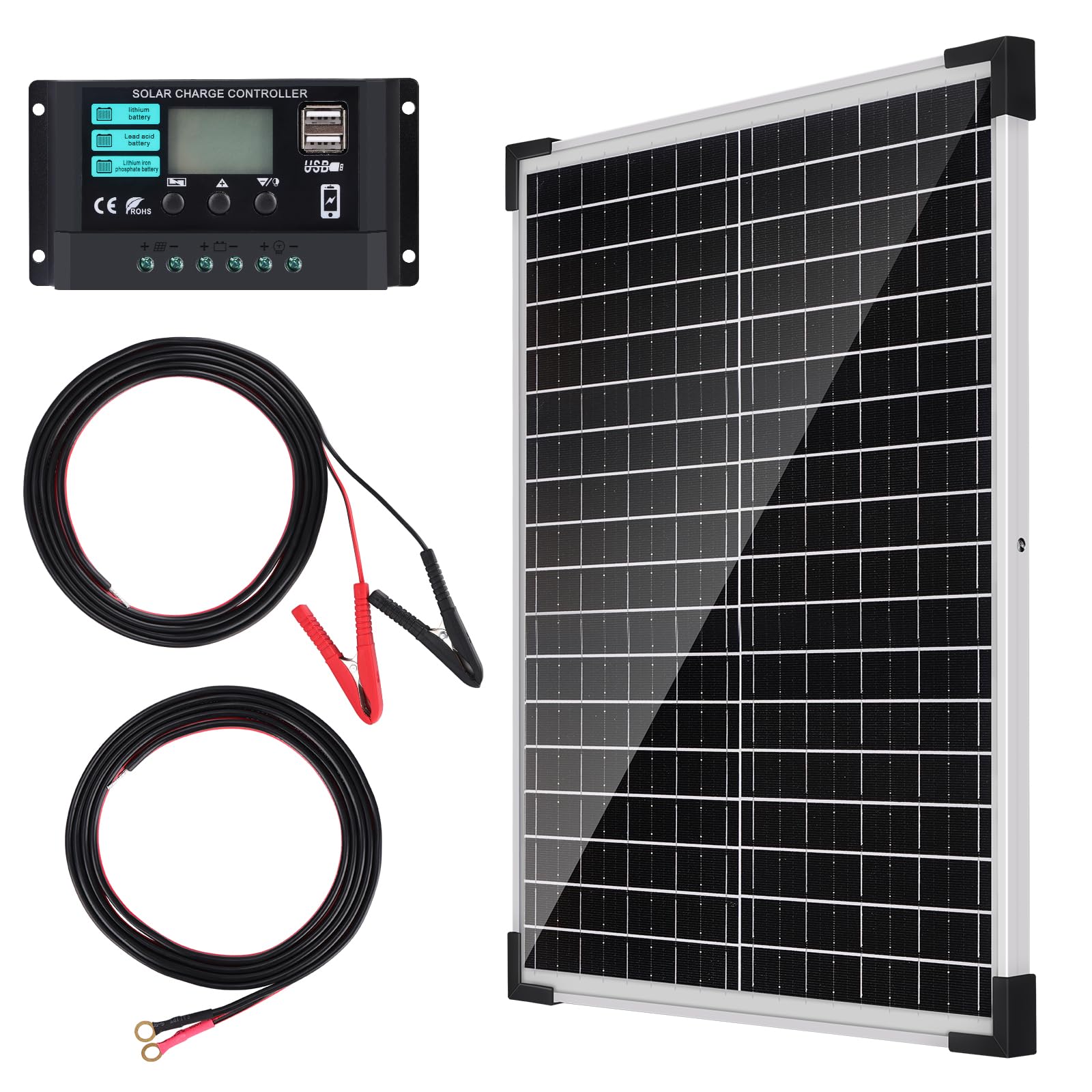 LEPITERY front view of 25W solar panel showing frame and glass, highlights durable weather resistance