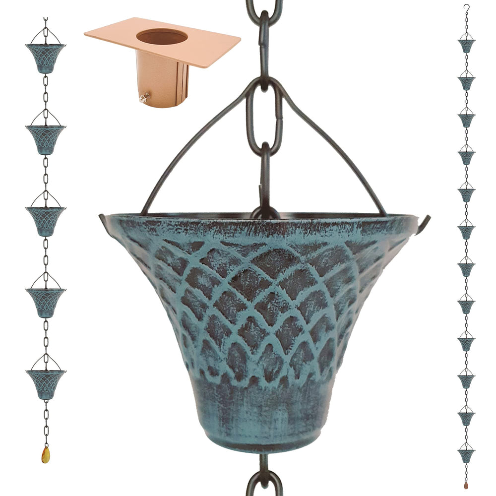 LEPTALINA front view blue rain chain showing elegant cascade and curb appeal