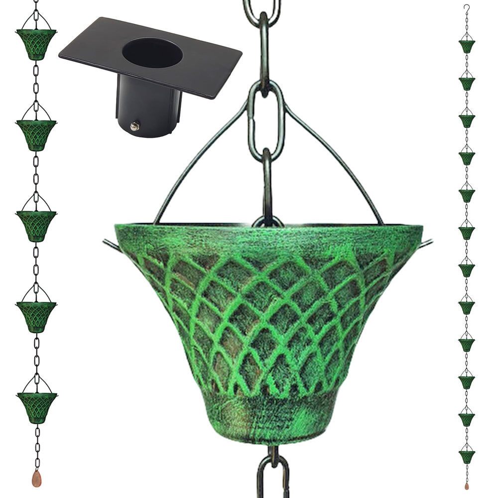 LEPTALINA front view of green bell rain chain showing decorative cascade and curb appeal