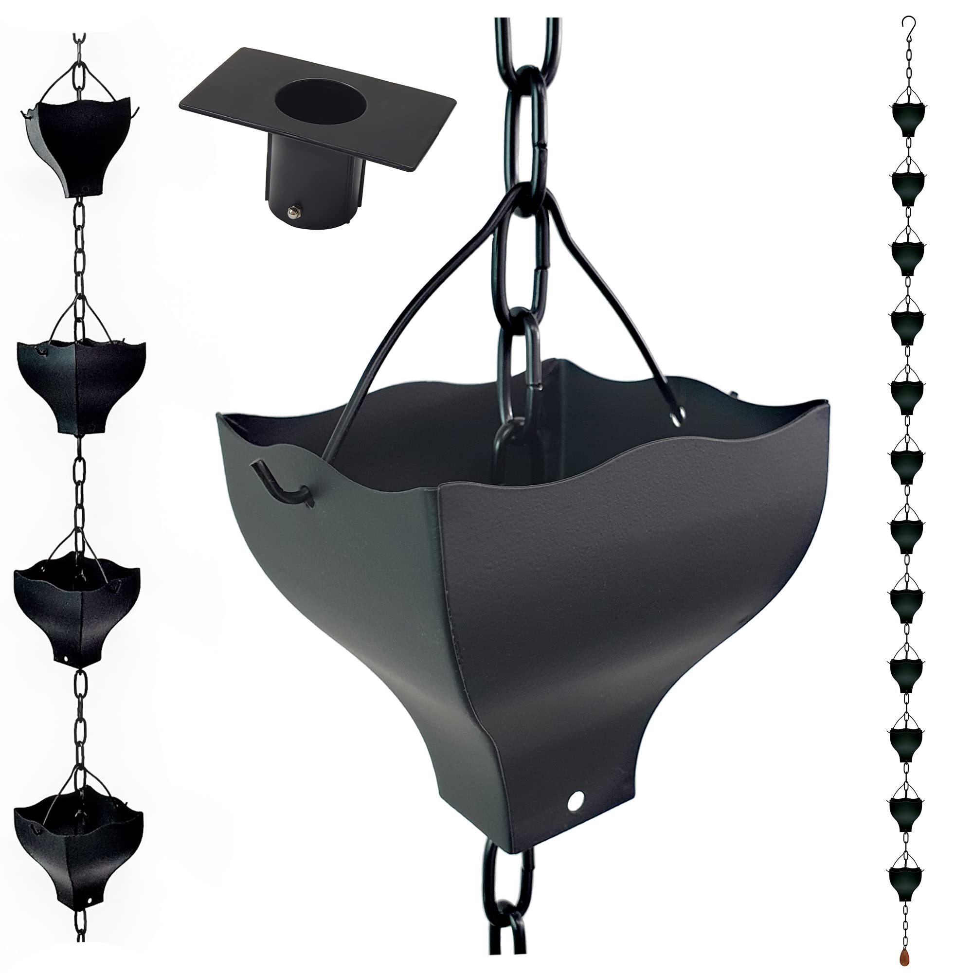 LEPTALINA front view showing full 8.5ft tulip rain chain decorative and functional
