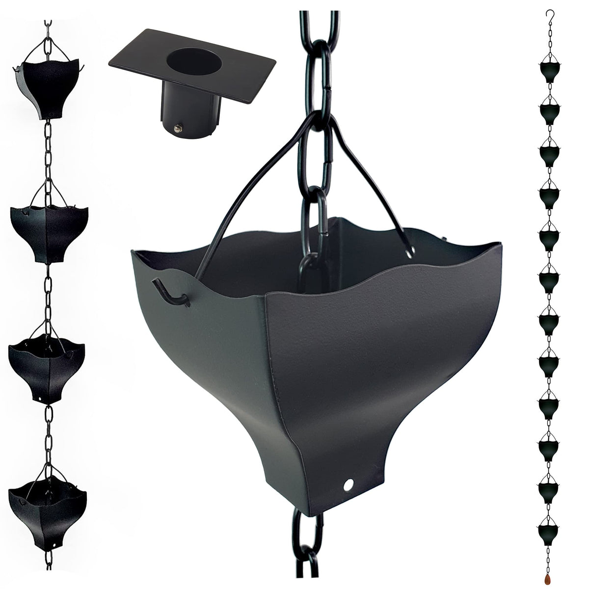 LEPTALINA front view showing full 8.5ft tulip rain chain decorative and functional