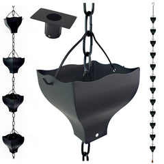 LEPTALINA front view showing full 8.5ft tulip rain chain decorative and functional