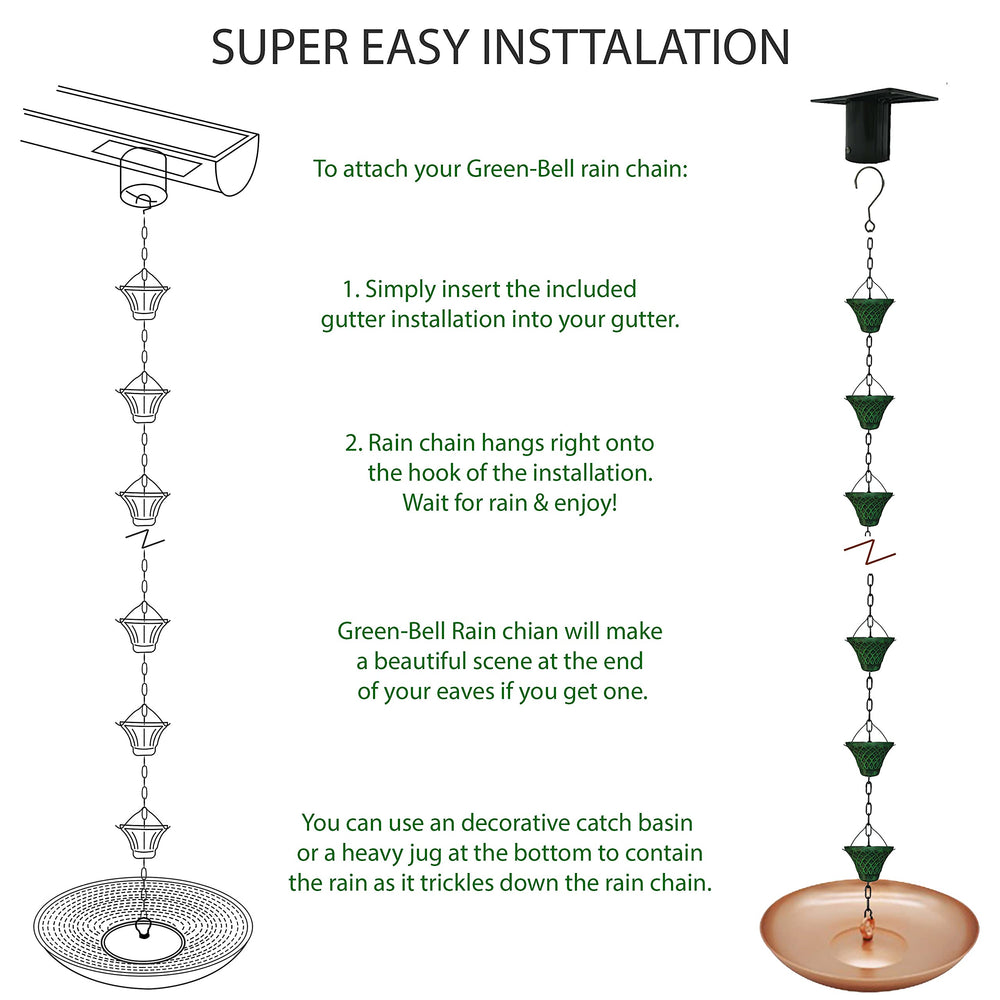 LEPTALINA rain chain installed on gutter guiding water neatly down without splashing