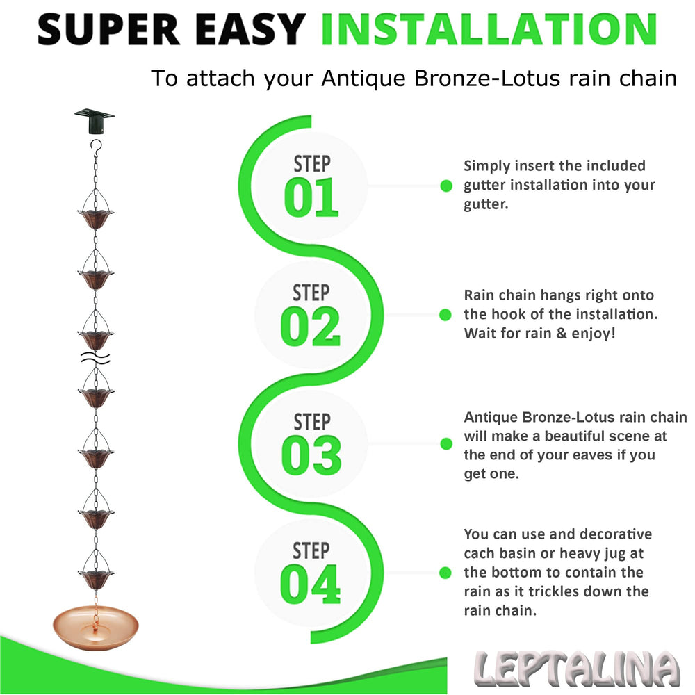LEPTALINA rain chain next to ruler showing adjustable 8.5ft length