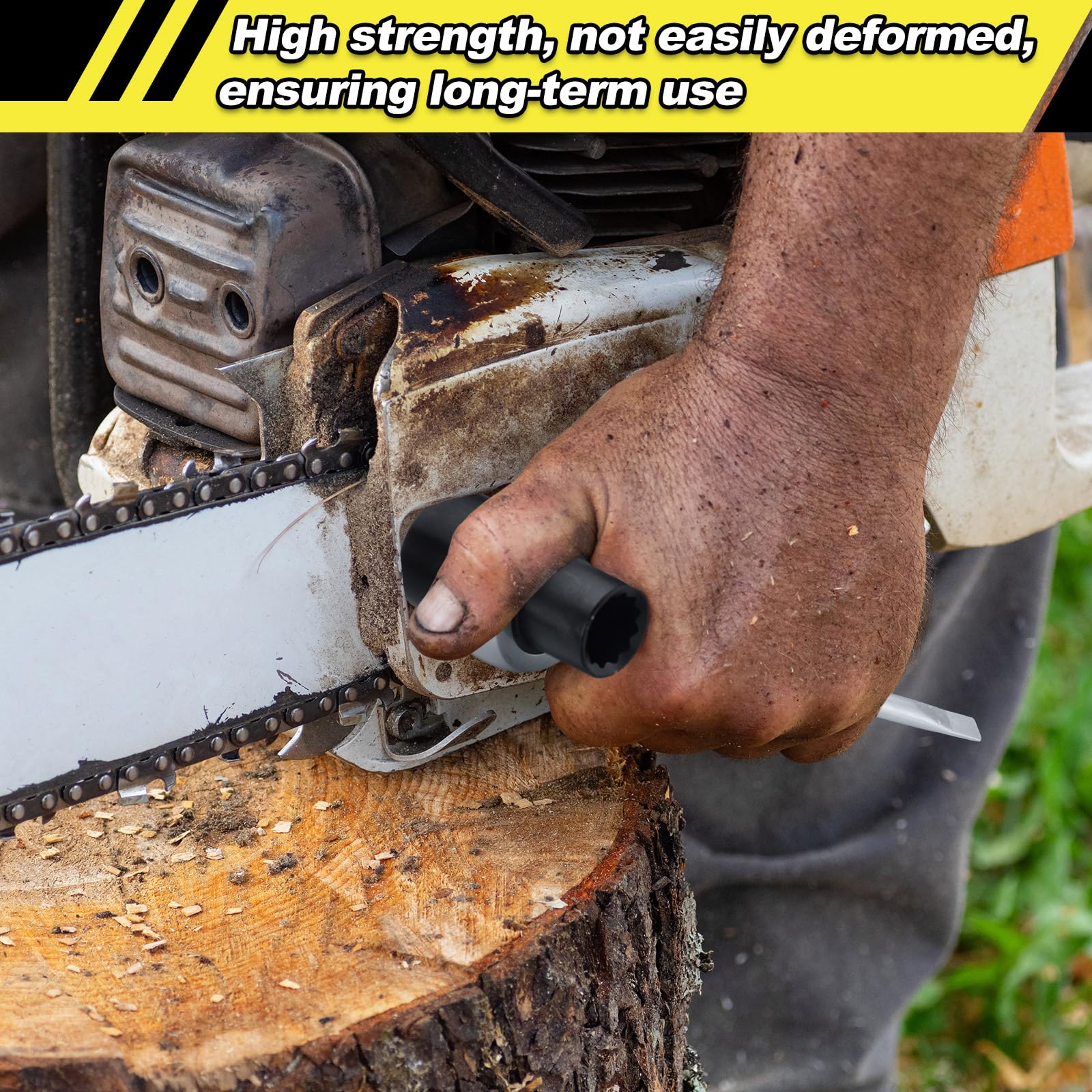 Leriton wrench in use adjusting chainsaw tension for fast maintenance