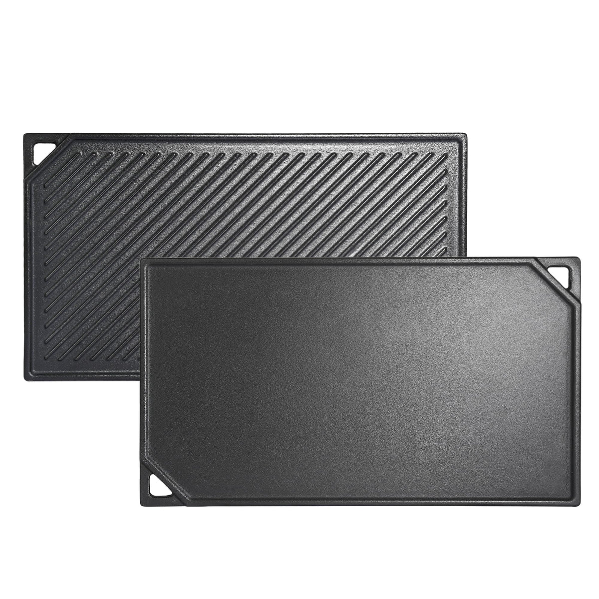 Leship rectangular griddle front view showing shape and handles for versatile cooking