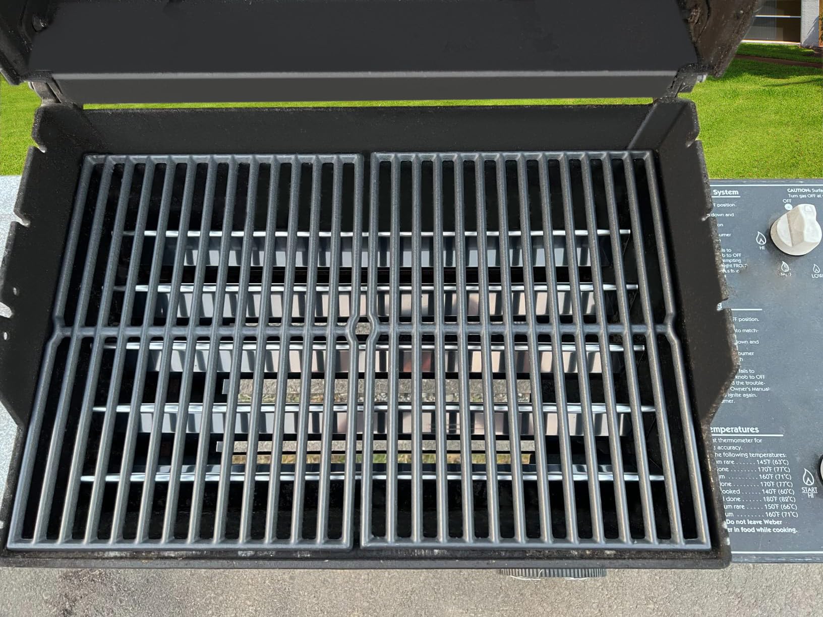 Leship grates installed in a compatible Weber grill demonstrating fit and even heating