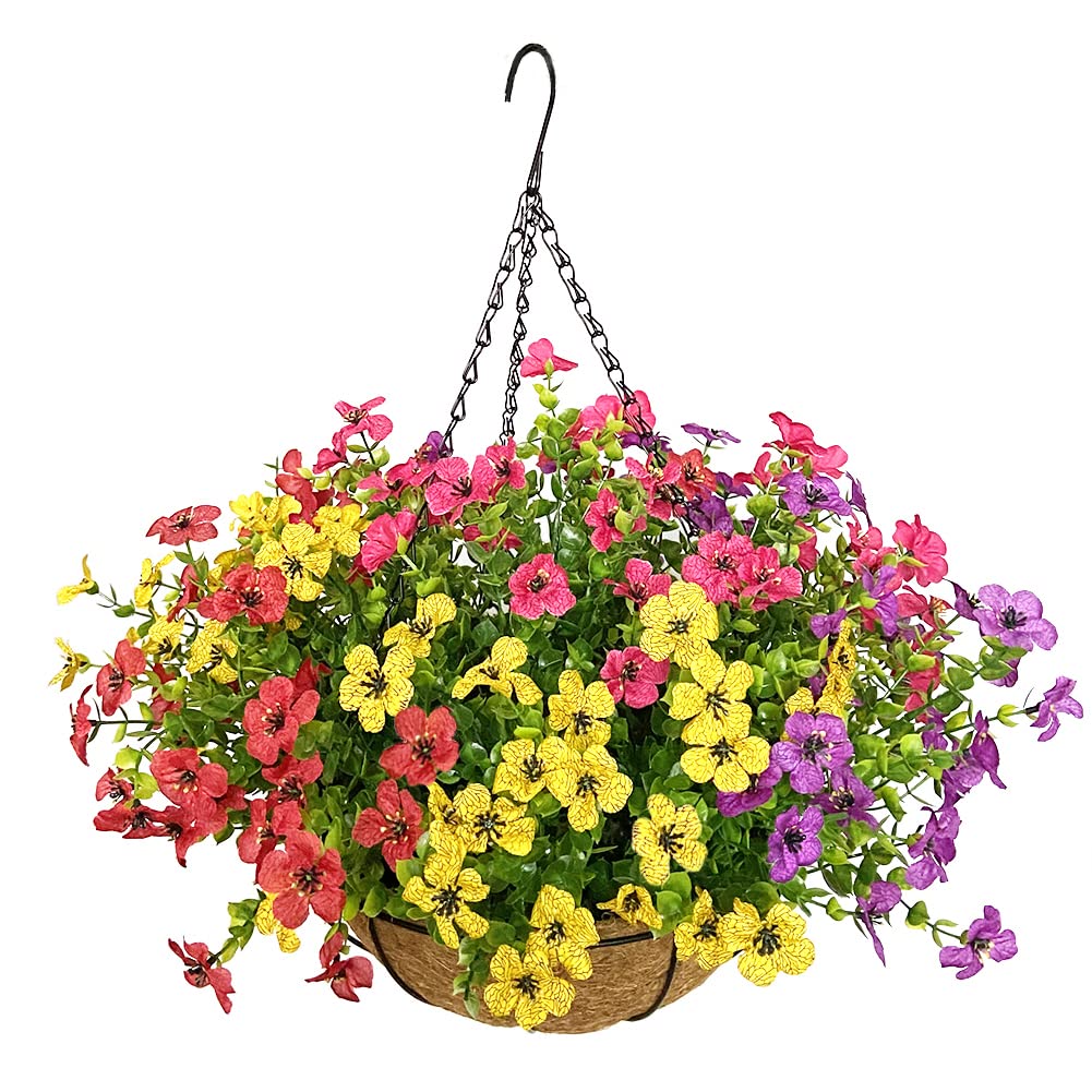 Lesrant front view of hanging basket showing colorful silk flowers and natural coconut look for instant decor