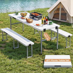 Leteuke front view of full 6-foot table set showing seating and stability benefit