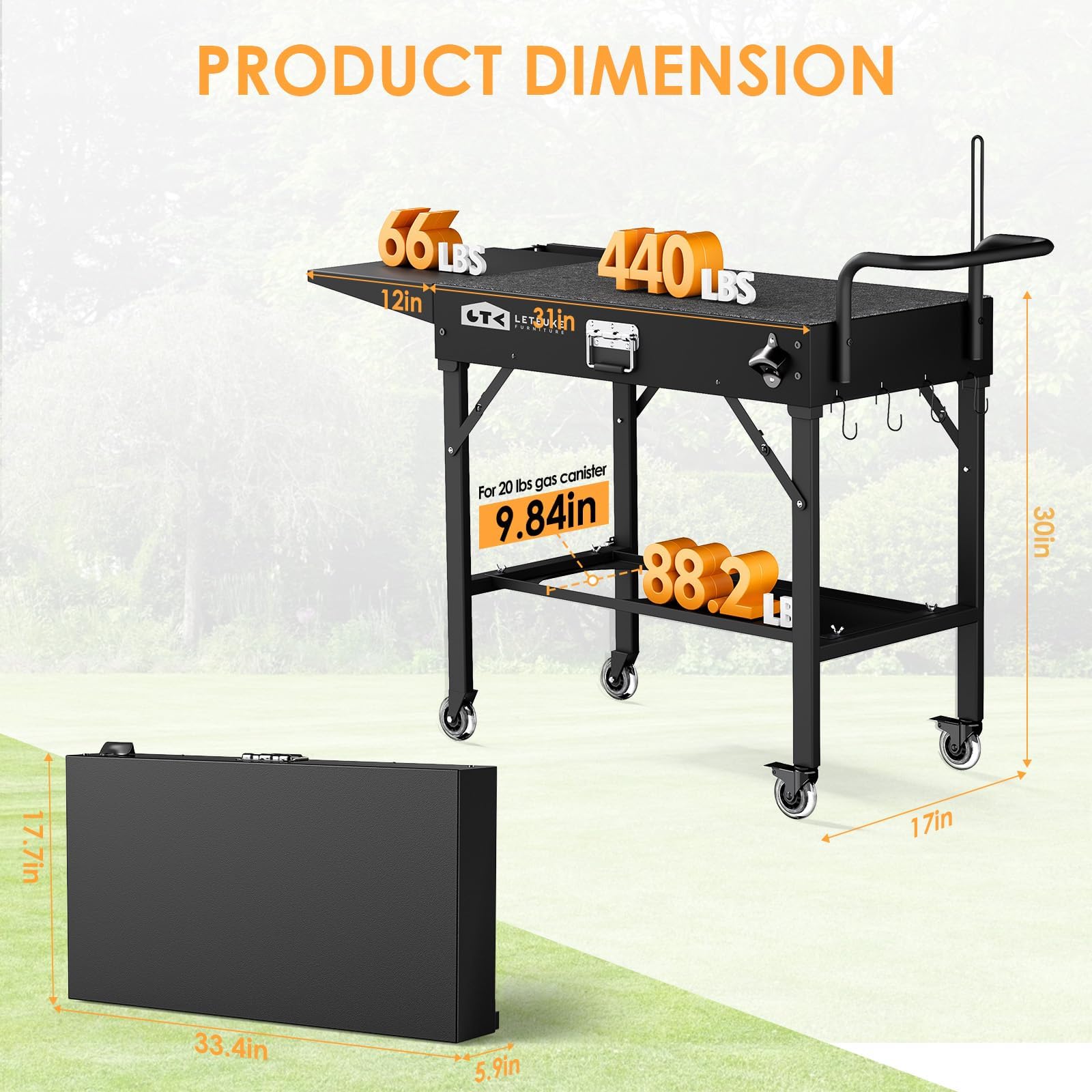 Leteuke grill cart folded and on wheels for easy transport and storage