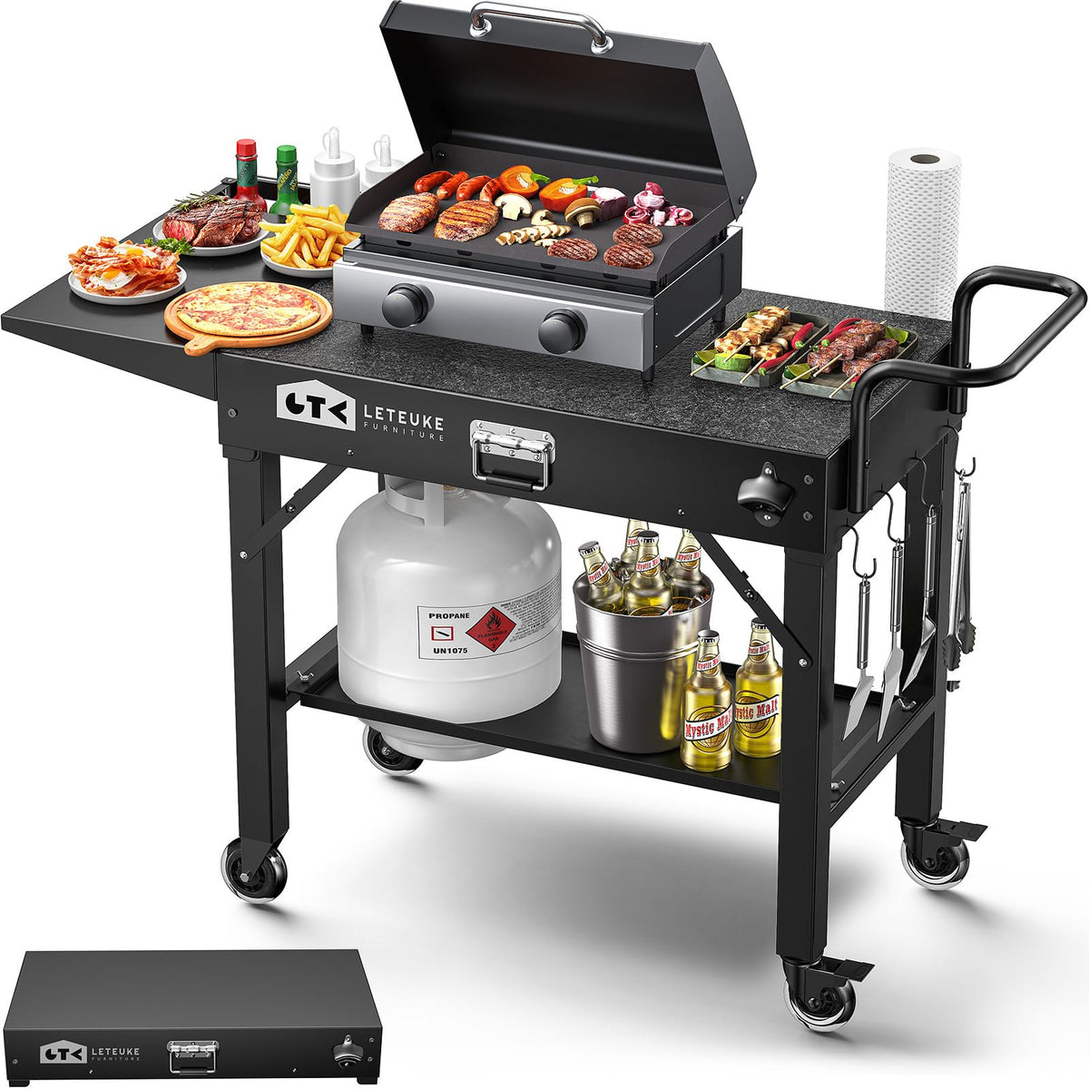 Leteuke grill cart front view showing sturdy frame and workspace benefit
