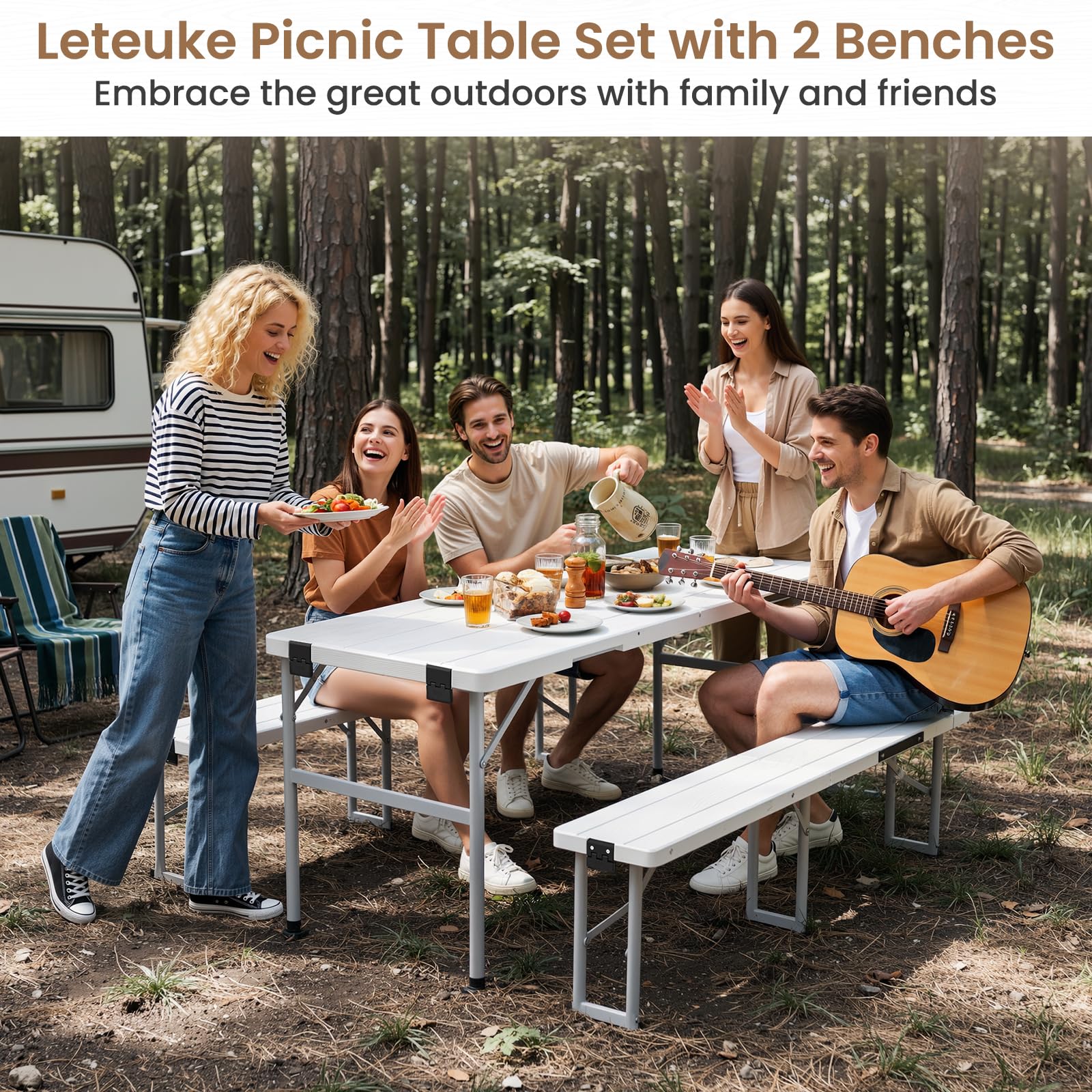 Leteuke close-up of wood-grain HDPE tabletop highlighting waterproof finish benefit