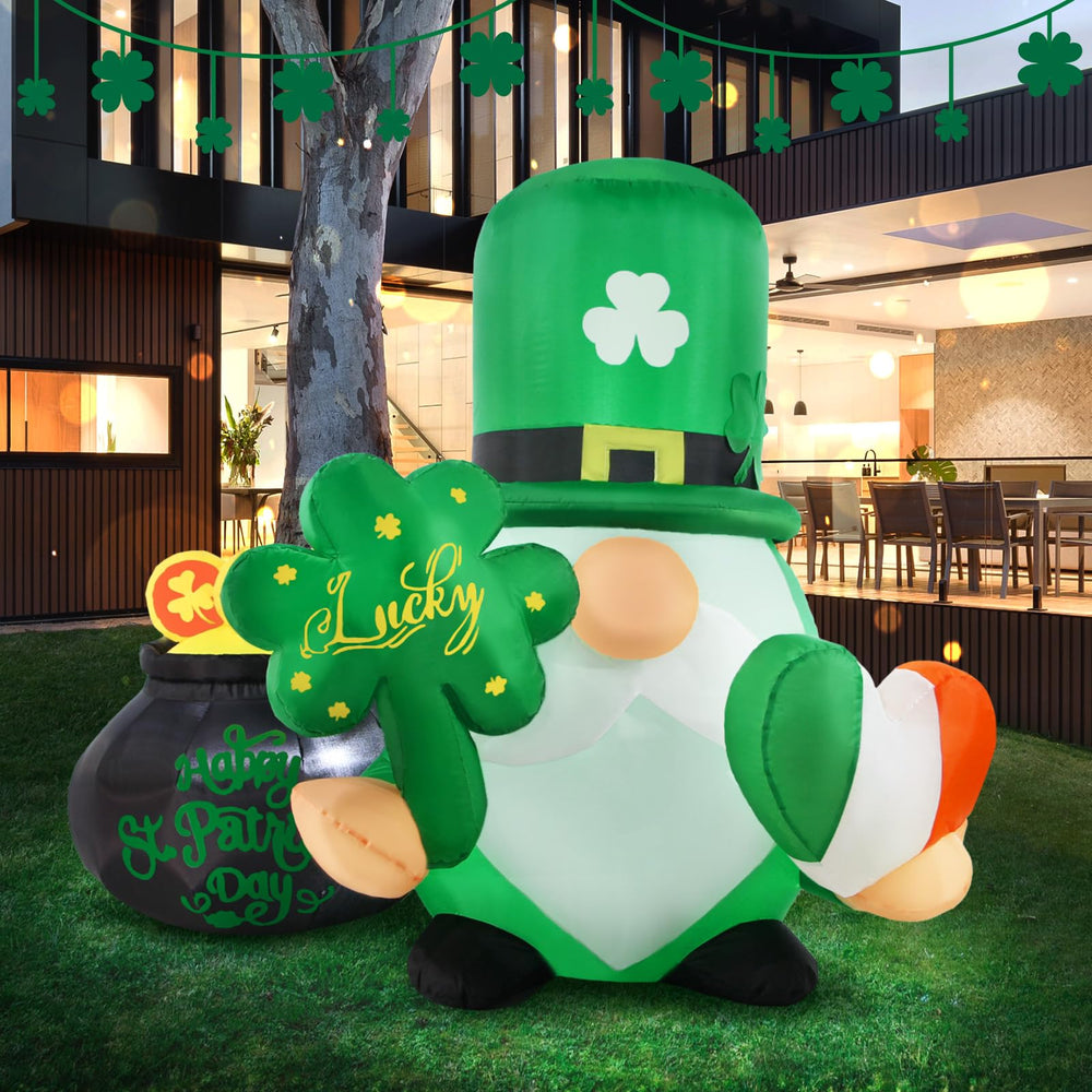 LETIME gnome front view showing green outfit and shamrock, bright curb appeal