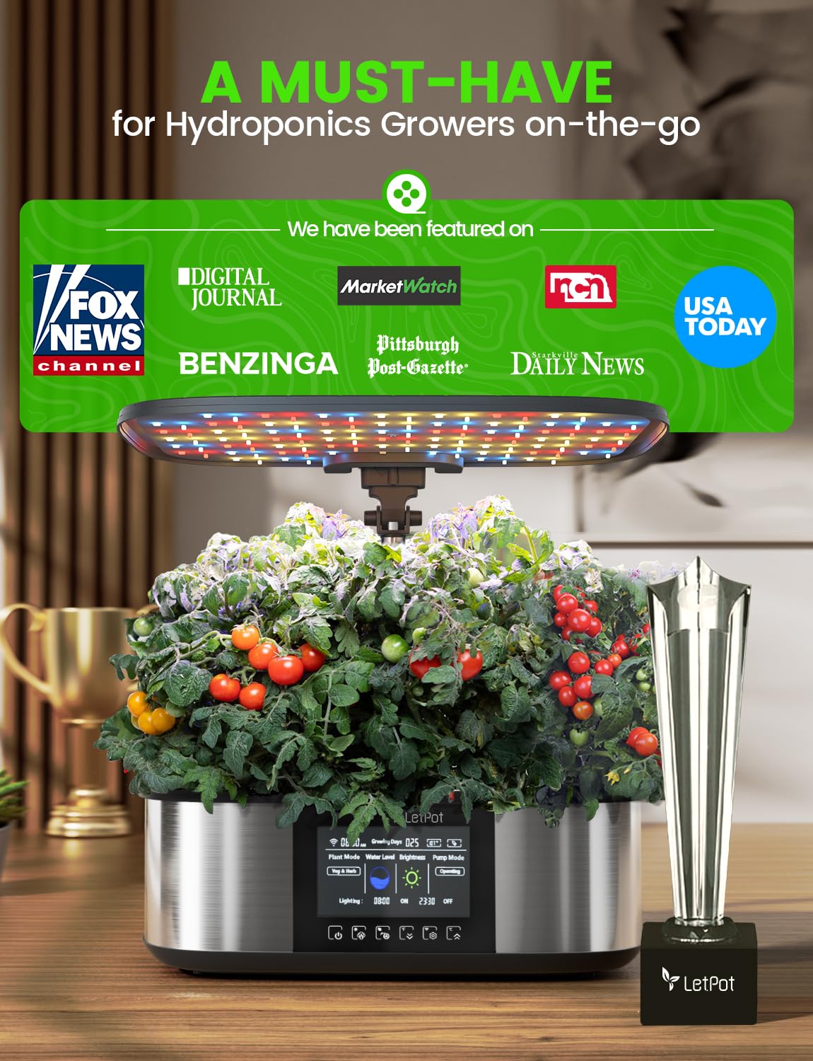 LETPOT in a kitchen setting demonstrating fresh herbs grown at home