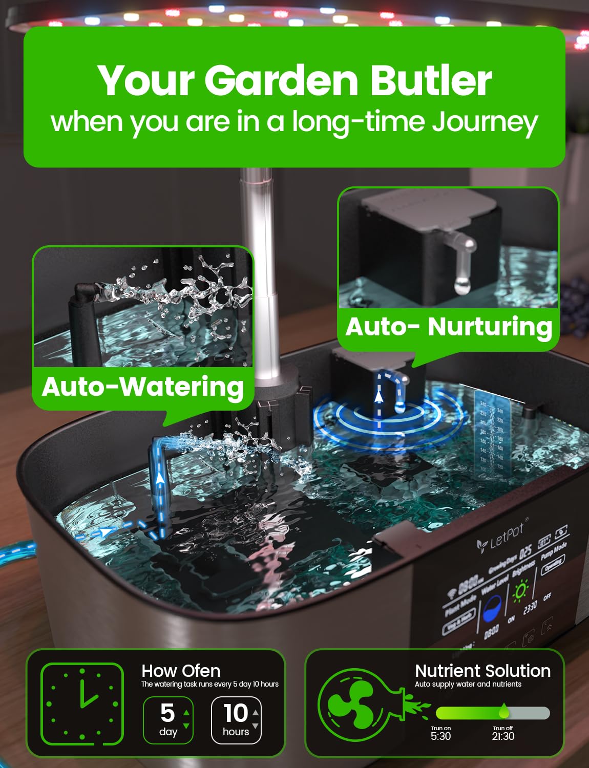 LETPOT reservoir and water sensor close-up ensuring automated water management
