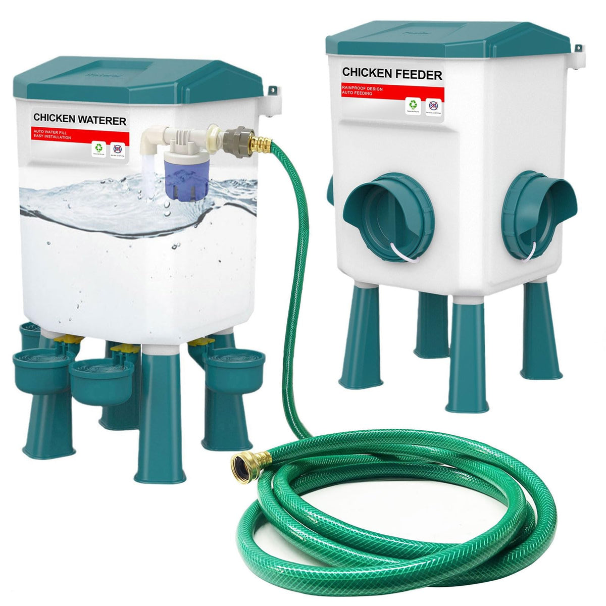 letsFix front view of assembled waterer and feeder showing compact setup and convenience