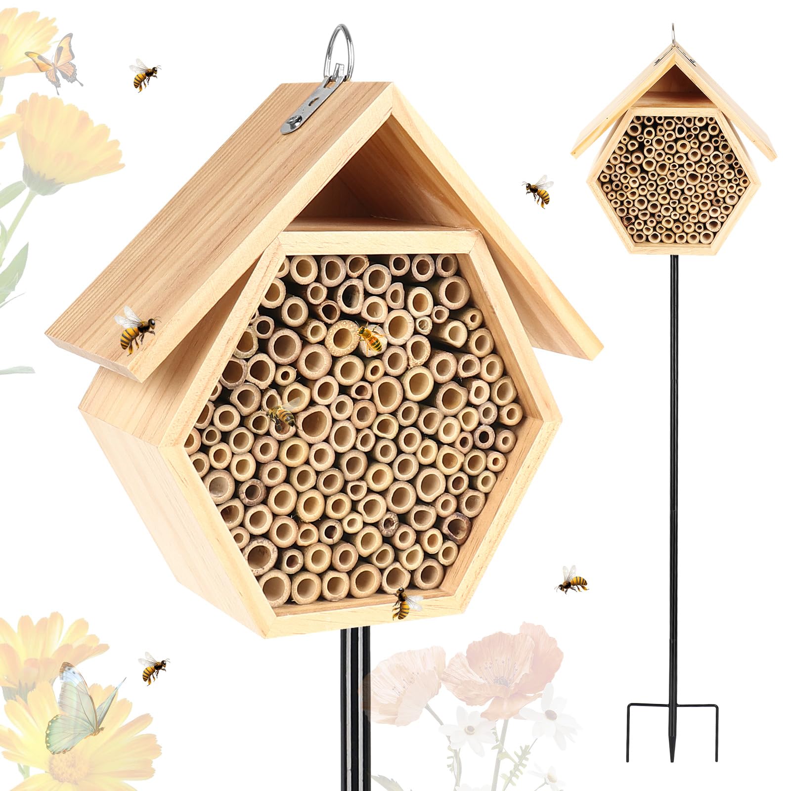Lettry bee house front view showing hexagonal wooden shelter and entrance holes benefiting pollination