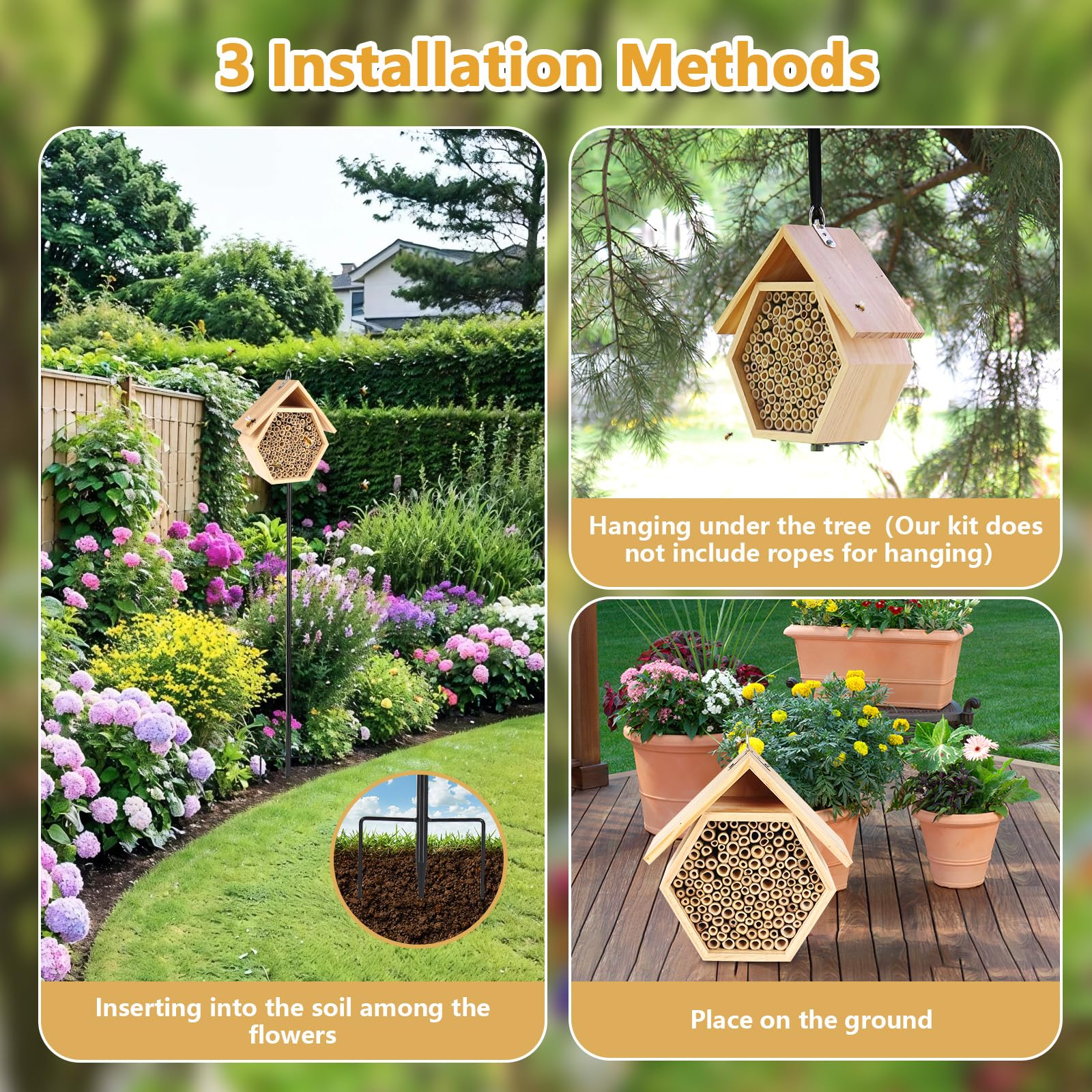 Lettry bee house mounted on metal stake placed among flowers to boost garden pollination
