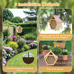 Lettry bee house mounted on metal stake placed among flowers to boost garden pollination