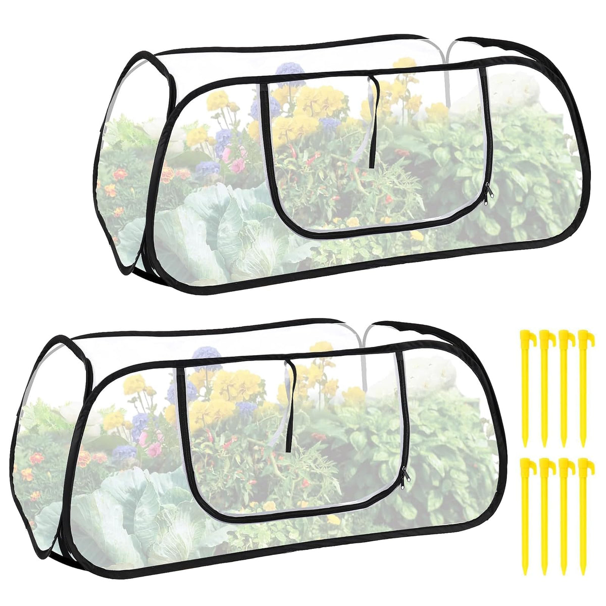 Lettry front view of pop-up mesh cover protecting raised-bed, keeps pests away