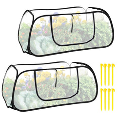 Lettry front view of pop-up mesh cover protecting raised-bed, keeps pests away