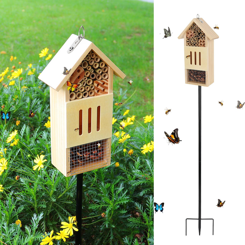 Lettry front view of insect house showing compartments and natural look, attracting pollinators