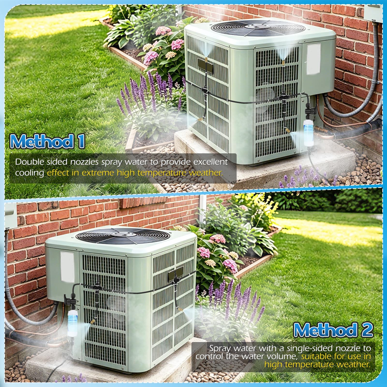Lettry mist pattern over condenser showing fine evaporation and reduced heat around unit