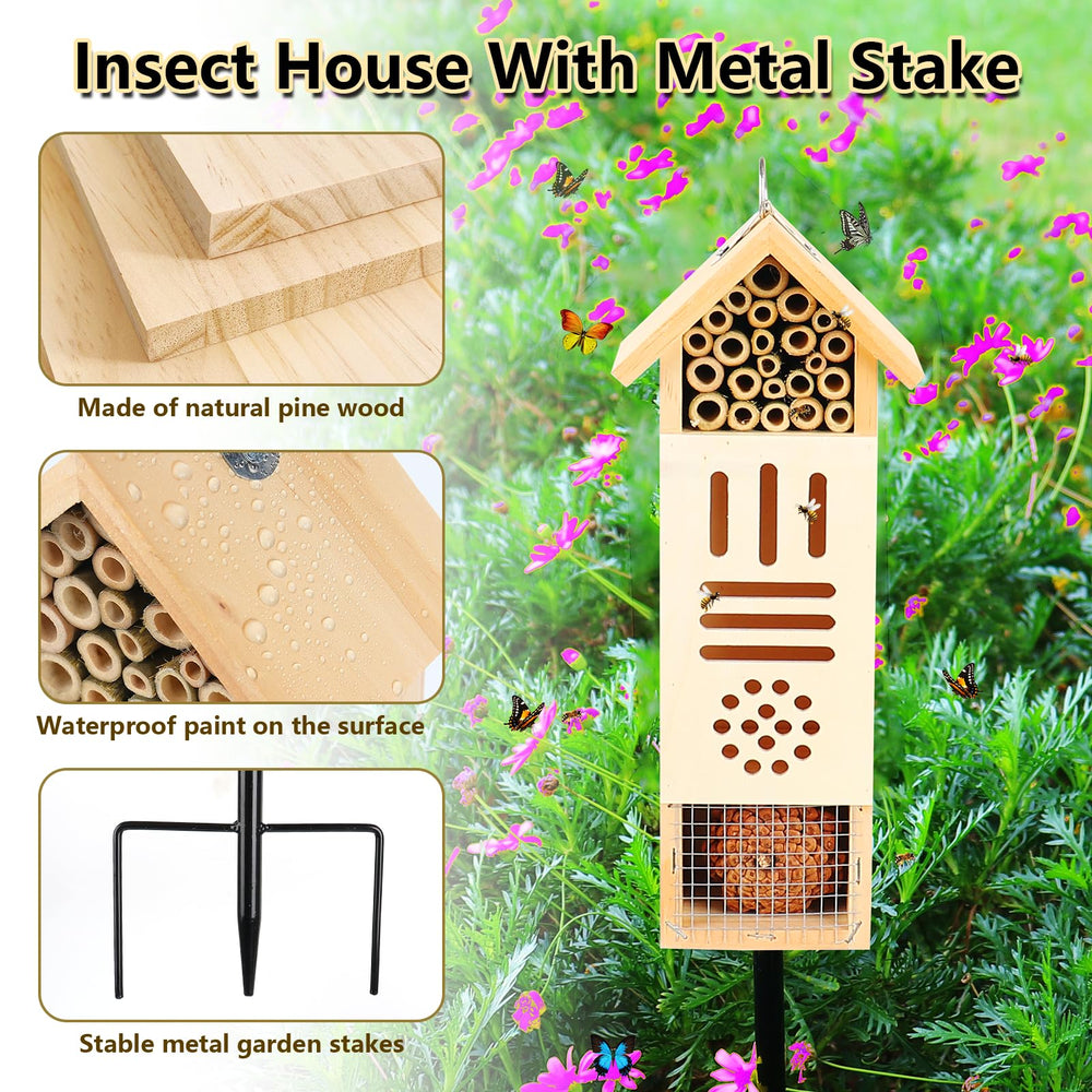 Lettry mounted on metal stake in flowerbed attracting pollinators and beneficial insects