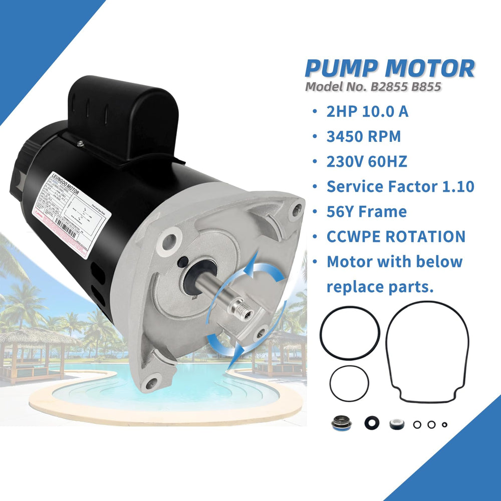 LEUNGOO motor nameplate closeup showing model, voltage and RPM for easy compatibility check
