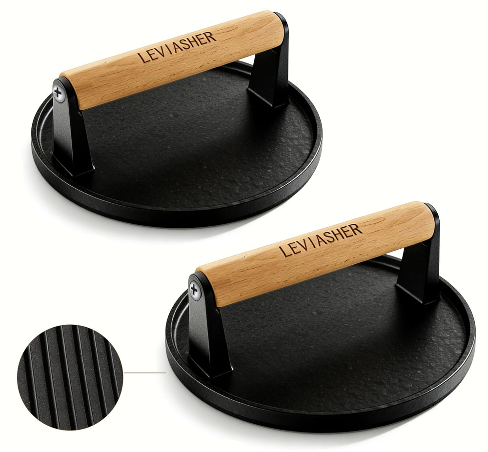 LEVIASHER front view of two 7-inch cast iron presses showing durable build and compact size