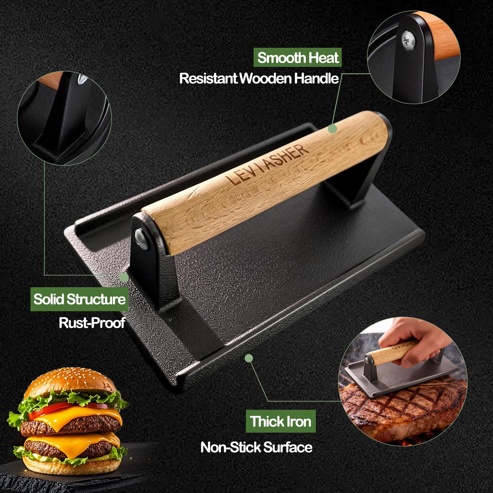 LEVIASHER in use on griddle pressing burger for faster searing