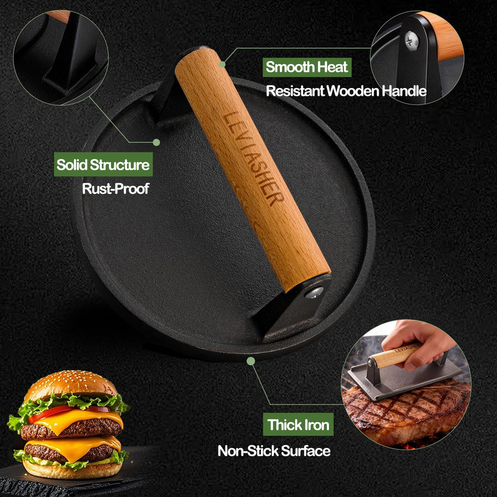 LEVIASHER press flattening a burger on a griddle for faster searing and uniform thickness
