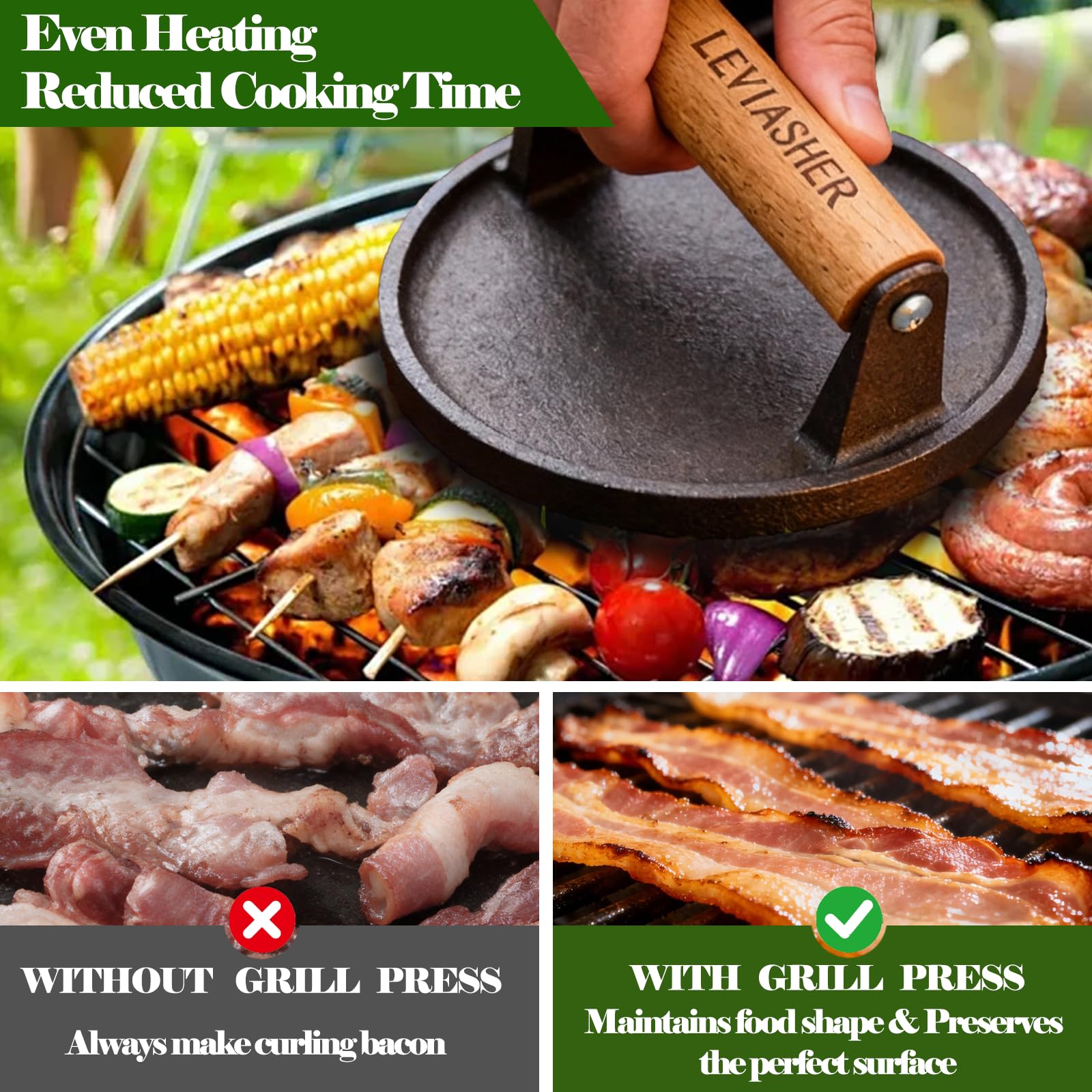 LEVIASHER press beside spatula showing scale and compatibility with standard skillets