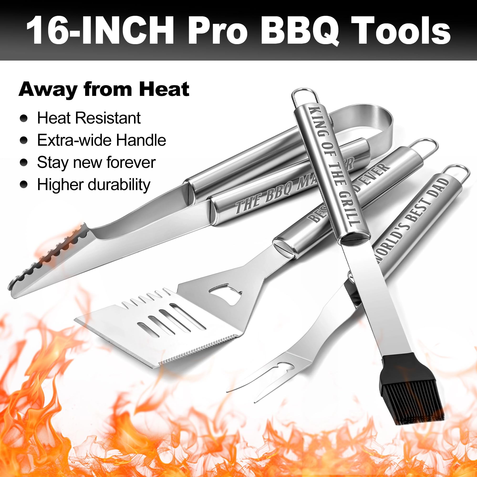 LEWARAN grill tools laid out neatly highlighting included tongs fork spatula and brush