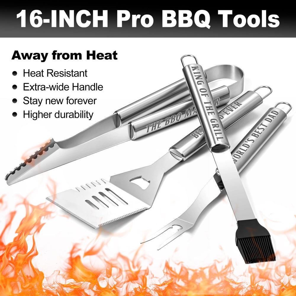 LEWARAN grill tools laid out neatly highlighting included tongs fork spatula and brush