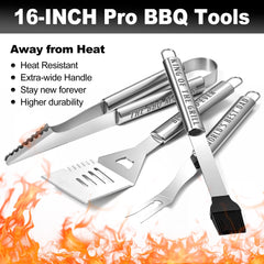 LEWARAN grill tools laid out neatly highlighting included tongs fork spatula and brush