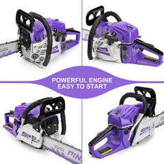 Lewhale chainsaw engine and fuel cap detail showing easy access and 25:1 mixing guidance