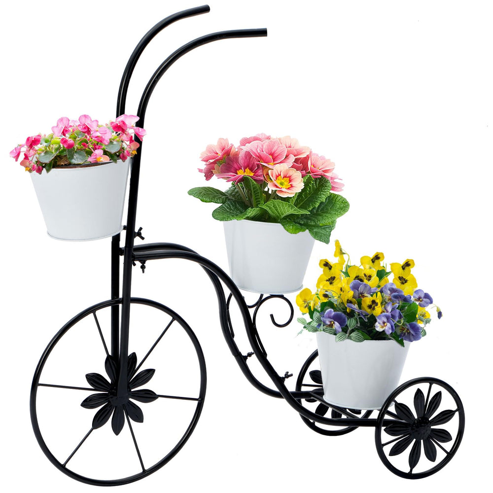 LEWIS&WAYNE front view of tricycle planter showing three pails and vintage styling benefit