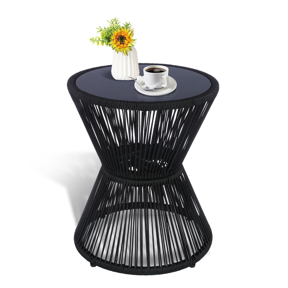 LEWIS&WAYNE front view of side table showing sleek hourglass shape and compact benefit