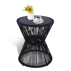 LEWIS&WAYNE front view of side table showing sleek hourglass shape and compact benefit