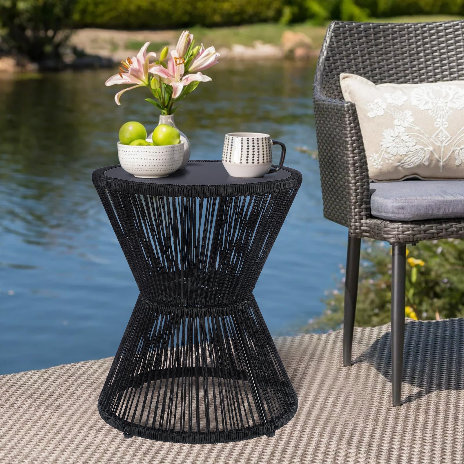 LEWIS&WAYNE table in patio setting holding drinks showing practical outdoor use