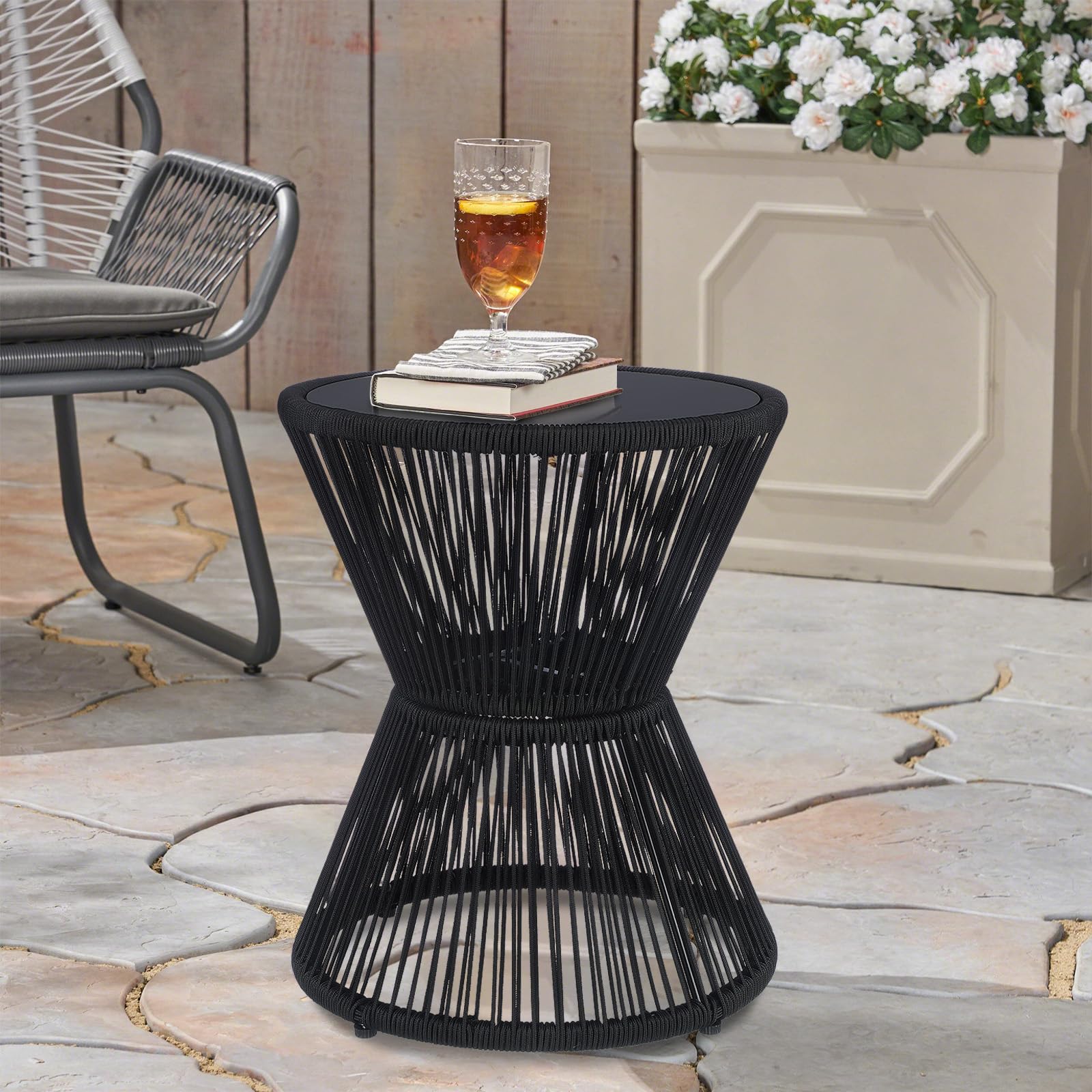 LEWIS&WAYNE side table next to chair illustrating compact size and space-saving benefit
