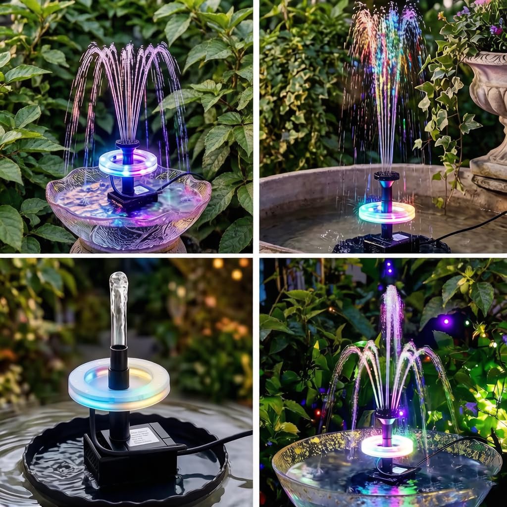 Lewisia fountain illuminated at night showing color LED light enhancing ambience