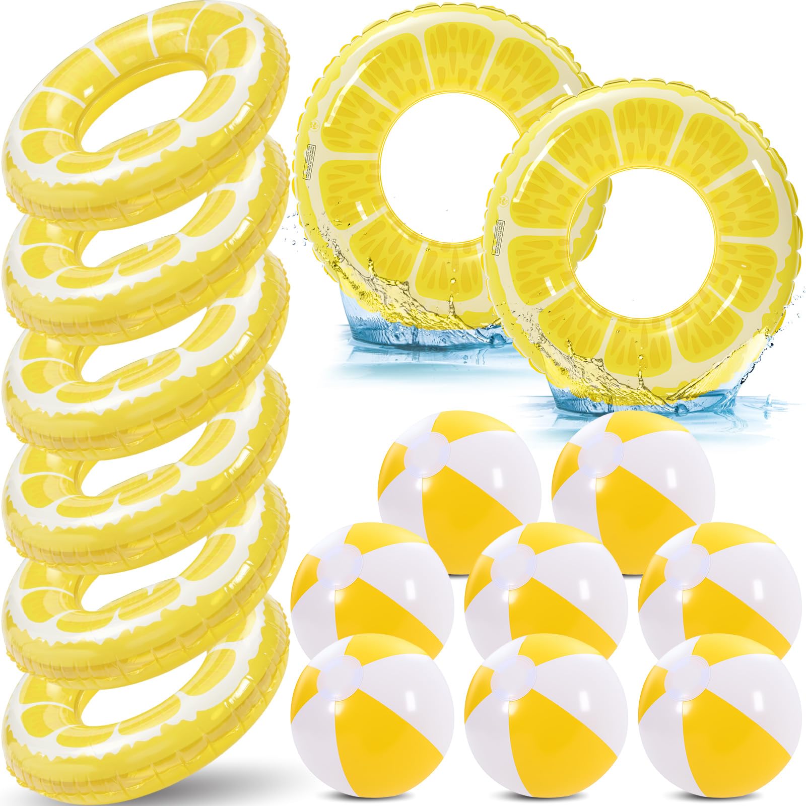 Lewtemi front view of eight-piece lemon float set showing rings and balls for fun