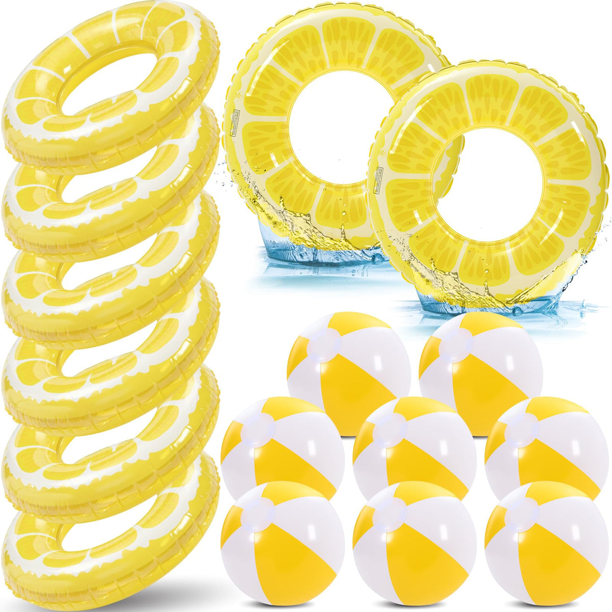 Lewtemi front view of eight-piece lemon float set showing rings and balls for fun