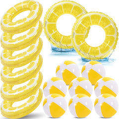 Lewtemi front view of eight-piece lemon float set showing rings and balls for fun