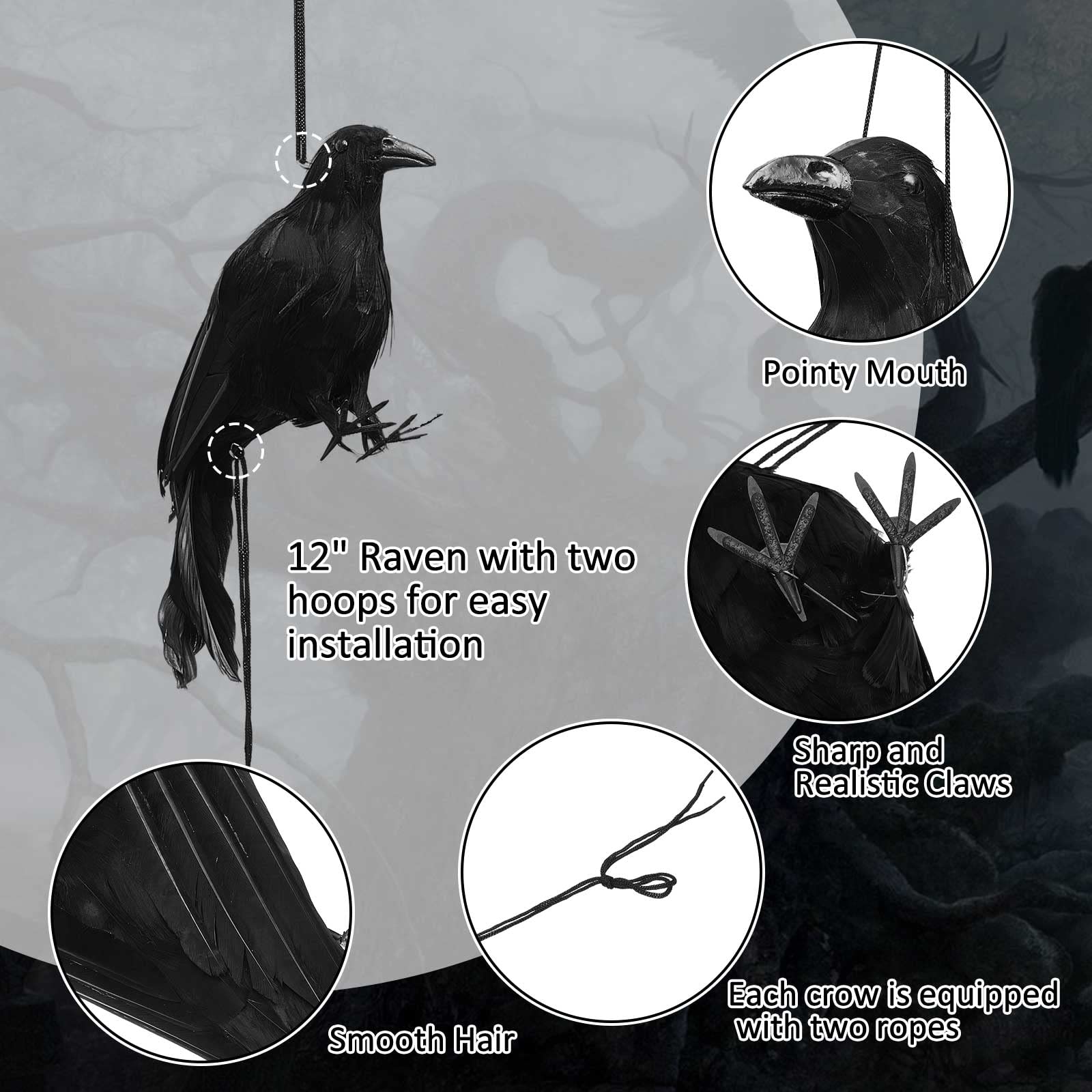 Lewtemi crow hung from tree branch demonstrating outdoor placement and dramatic shadowing